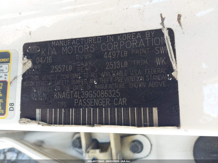 2016 Kia Optima VIN KNAGT4L39G5086325 IAAI salvage auction — FRONT END, Salvage Title, sold $425 on 2026-07-08 (photo 9)