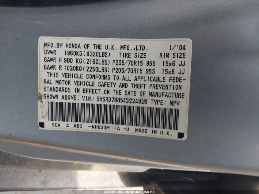 2004 Honda Cr-v VIN SHSRD78854U224928 IAAI salvage auction — NORMAL WEAR, Clear (Georgia), sold $350 on 2026-07-14 (photo 9)