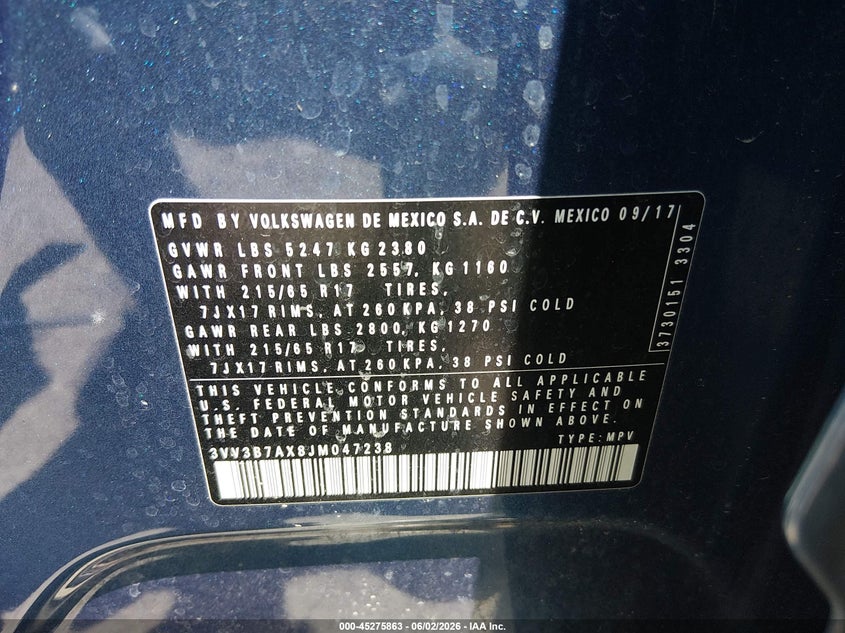 2018 Volkswagen Tiguan VIN 3VV3B7AX8JM047238 IAAI salvage auction — RIGHT FRONT, Salvage (Tennessee), sold $3,400 on 2026-07-29 (photo 9)