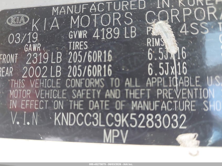 2019 Kia Niro VIN KNDCC3LC9K5283032 IAAI salvage auction — UNKNOWN, Salvage Title, sold $2,350 on 2026-07-07 (photo 9)
