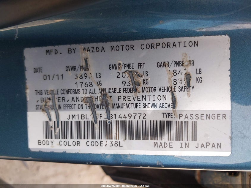 2011 Mazda 3 VIN JM1BL1UF3B1449772 IAAI salvage auction — NORMAL WEAR, Original (Texas), sold $300 on 2026-07-07 (photo 9)