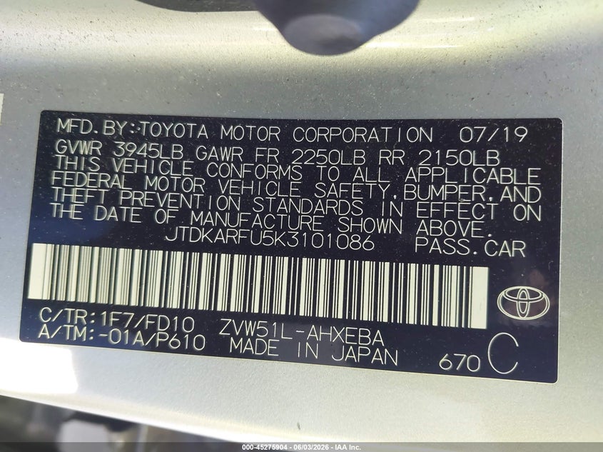 2019 Toyota Prius VIN JTDKARFU5K3101086 IAAI salvage auction — RIGHT SIDE, Salvage Title, sold $3,250 on 2026-07-10 (photo 9)