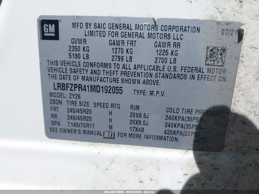 2021 Buick Envision VIN LRBFZPR41MD192055 IAAI salvage auction — FRONT END, Salvage Title, sold $3,650 on 2026-07-24 (photo 9)