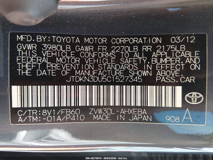 2012 Toyota Prius VIN JTDKN3DU5C1527345 IAAI salvage auction — RIGHT FRONT, Salvage Title, sold $225 on 2026-07-09 (photo 9)