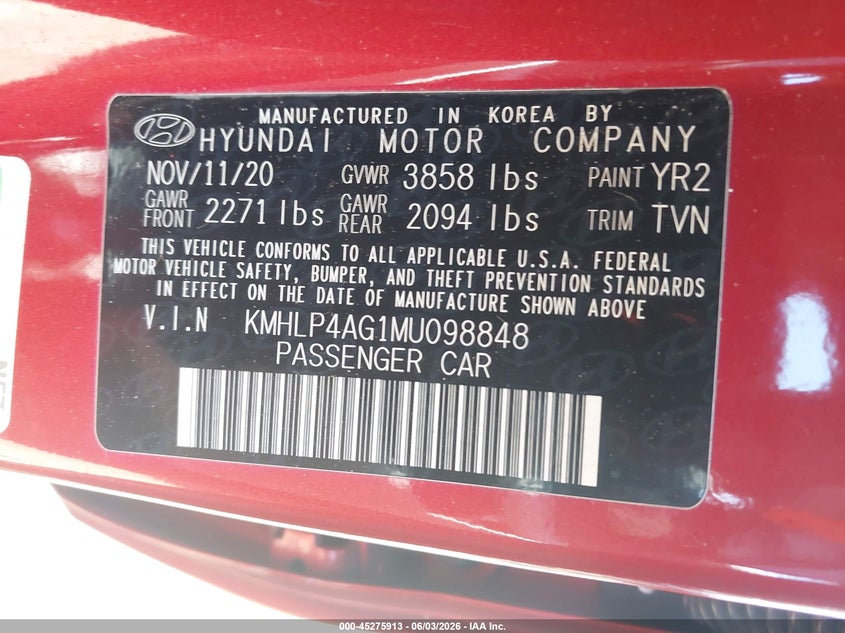 2021 Hyundai Elantra VIN KMHLP4AG1MU098848 IAAI salvage auction — LEFT SIDE, Salvage Title, sold $4,250 on 2026-07-07 (photo 9)