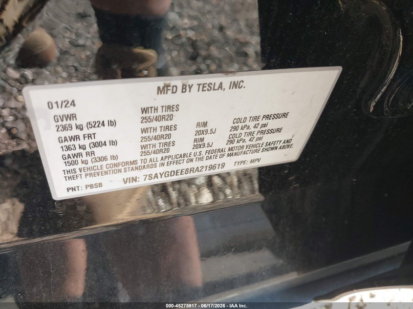 2024 Tesla Model y VIN 7SAYGDEE8RA219619 IAAI salvage auction — FRONT END, Salvage Title, sold $4,400 on 2026-07-28 (photo 9)