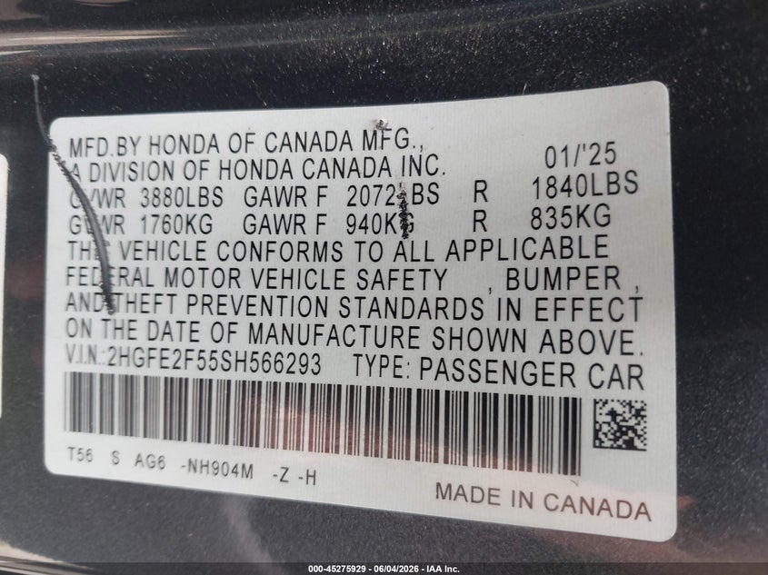 2025 Honda Civic VIN 2HGFE2F55SH566293 IAAI salvage auction — REAR END, Salvage (Louisiana), sold $8,100 on 2026-07-28 (photo 9)