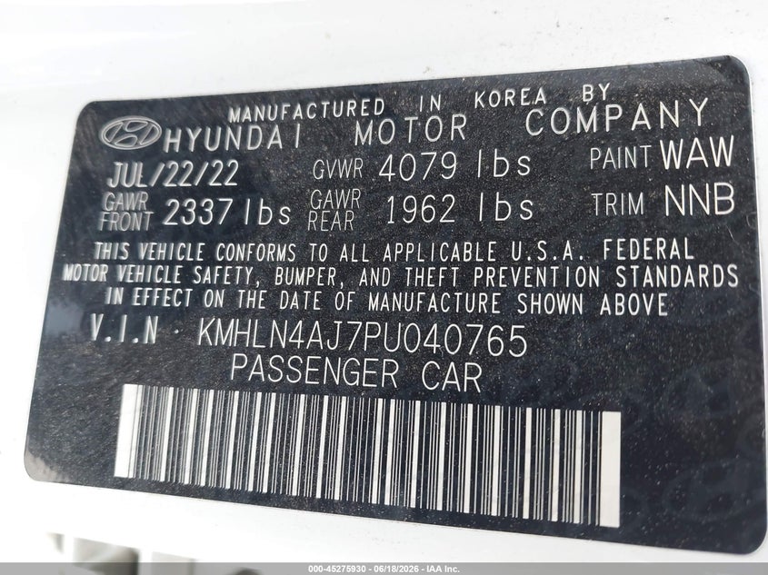 2023 Hyundai Elantra VIN KMHLN4AJ7PU040765 IAAI salvage auction — FRONT END, Salvage Title, sold $3,250 on 2026-07-31 (photo 9)
