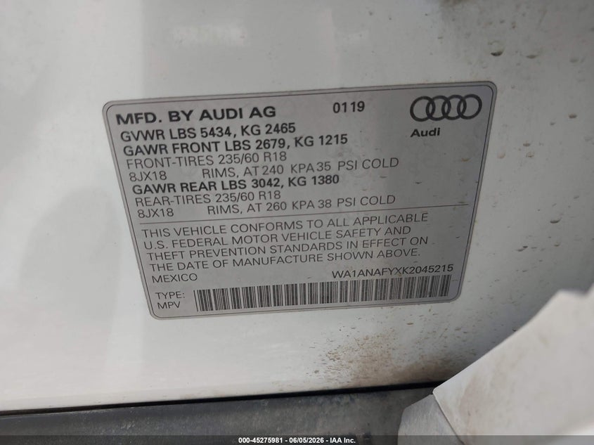 2019 Audi Q5 VIN WA1ANAFYXK2045215 IAAI salvage auction — WATER/FLOOD, Salvage Title, sold $3,350 on 2026-07-29 (photo 9)