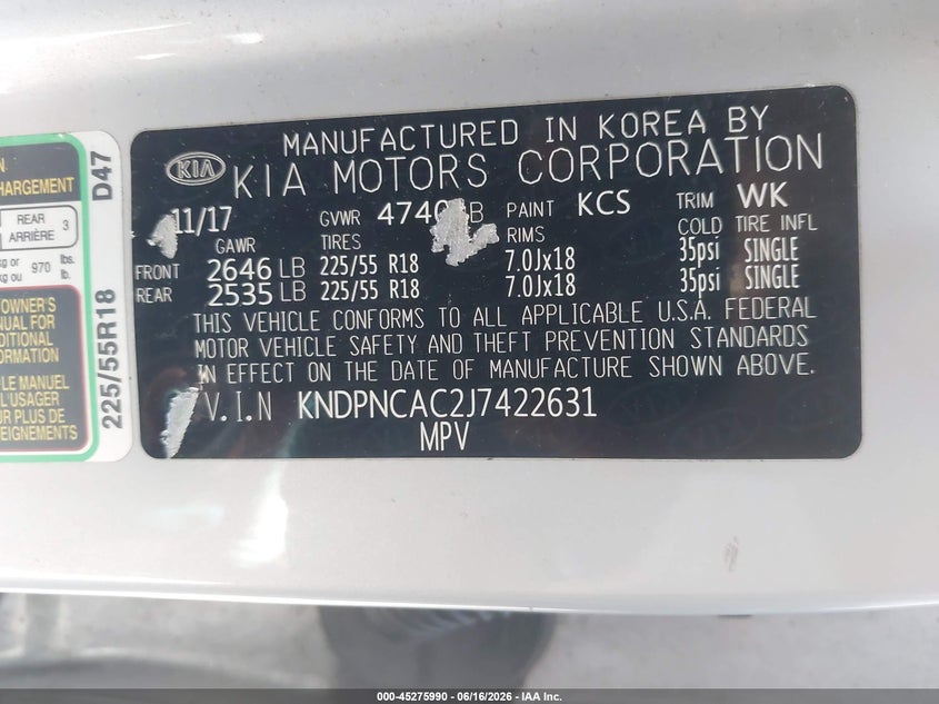 2018 Kia Sportage VIN KNDPNCAC2J7422631 IAAI salvage auction — RIGHT FRONT, Salvage - Greater Than 75% (Maryland), sold $2,500 on 2026-07-11 (photo 9)