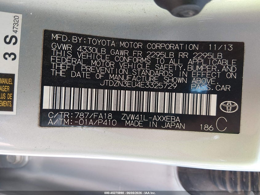 2014 Toyota VIN JTDZN3EU4E3325729 IAAI salvage auction — FRONT END, Salvage (Ohio), sold $925 on 2026-07-29 (photo 9)