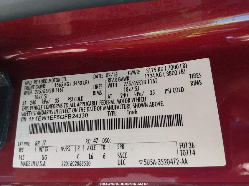 2016 Ford F-150 VIN 1FTEW1EF5GFB24330 IAAI salvage auction — FRONT & REAR, Salvage Title, sold $2,950 on 2026-07-31 (photo 9)