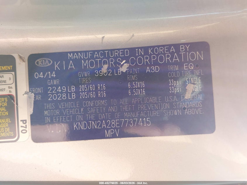 2014 Kia Soul VIN KNDJN2A28E7737415 IAAI salvage auction — LEFT FRONT, Salvage (Idaho), sold $25 on 2026-07-28 (photo 9)
