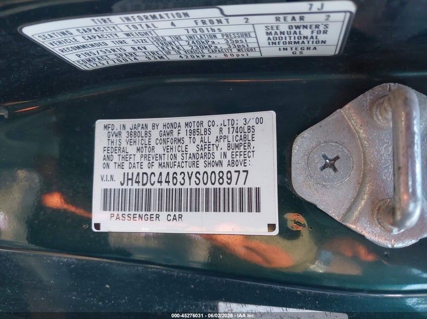 2000 Acura Integra VIN JH4DC4463YS008977 IAAI salvage auction — NORMAL WEAR, Clear (New York), sold $500 on 2026-07-14 (photo 9)