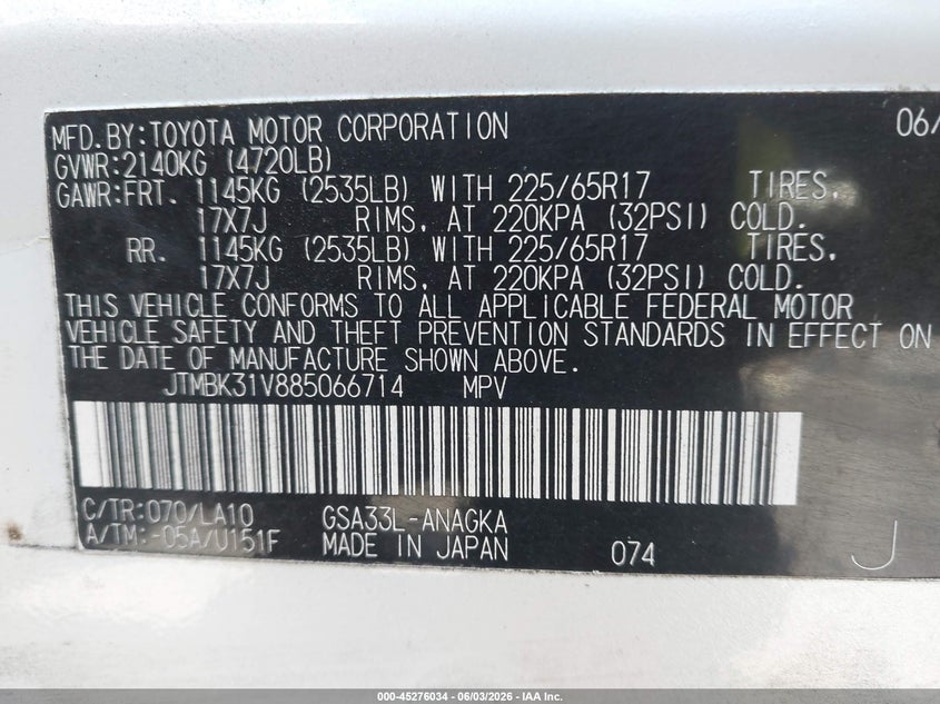 2008 Toyota Rav4 VIN JTMBK31V885066714 IAAI salvage auction — SIDE, Salvage (Idaho), sold $1,700 on 2026-07-16 (photo 9)