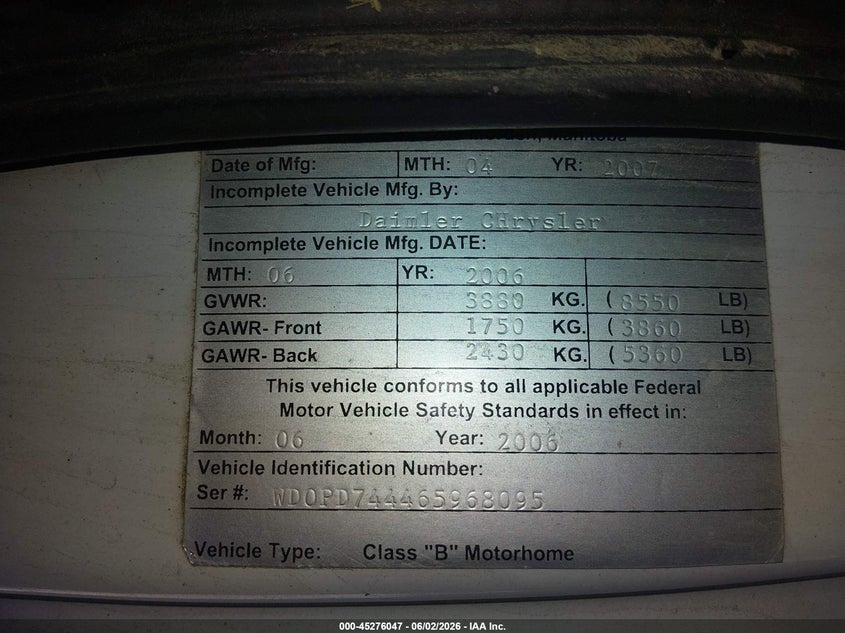 2006 Dodge Sprinter VIN WD0PD744465968095 IAAI salvage auction — FRONT END, Bill Of Sale (Alaska), sold $1,400 on 2026-07-11 (photo 9)