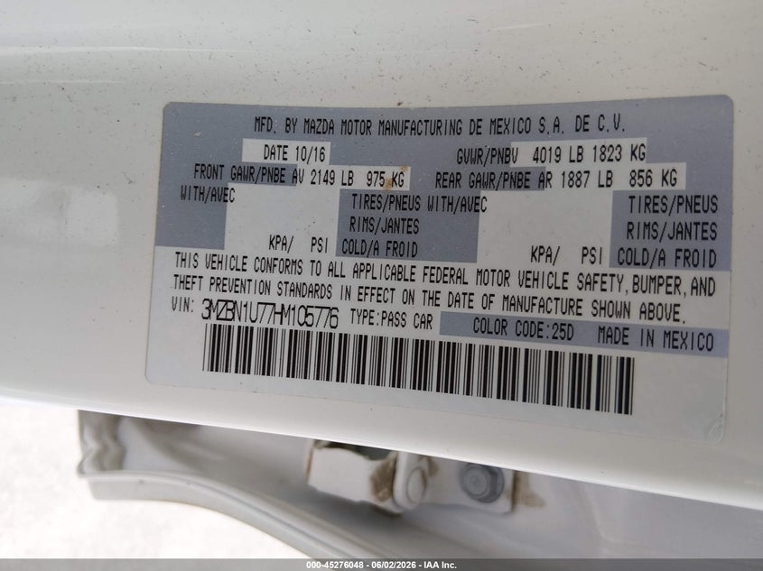 2017 Mazda 3 VIN 3MZBN1U77HM105776 IAAI salvage auction — REAR END, Salvage Title, sold $2,100 on 2026-07-23 (photo 9)