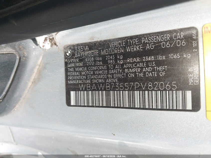 2007 BMW 3er VIN WBAWB73557PV82065 IAAI salvage auction — NORMAL WEAR, Clear - Public Restricted (Oklahoma), sold $425 on 2026-07-07 (photo 9)