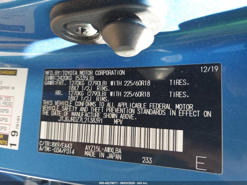 2020 Lexus Nx VIN JTJGJRDZ7L2138391 IAAI salvage auction — FRONT END, Salvage Title, sold $5,250 on 2026-07-29 (photo 9)