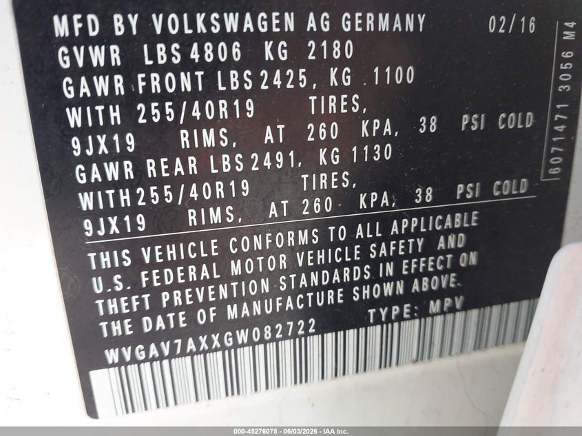 2016 Volkswagen Tiguan VIN WVGAV7AXXGW082722 IAAI salvage auction — REAR END, Salvage Title, sold $2,550 on 2026-07-30 (photo 9)