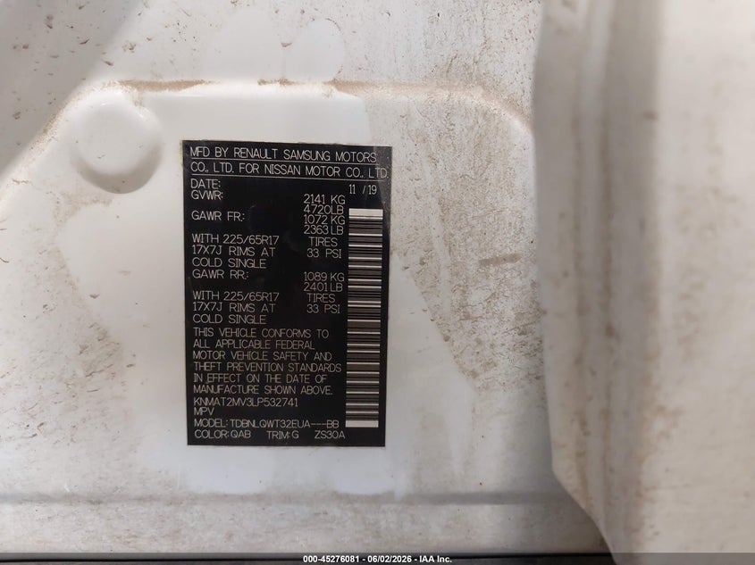 2020 Nissan Rogue VIN KNMAT2MV3LP532741 IAAI salvage auction — FRONT END, Salvage Title, sold $2,450 on 2026-07-30 (photo 9)