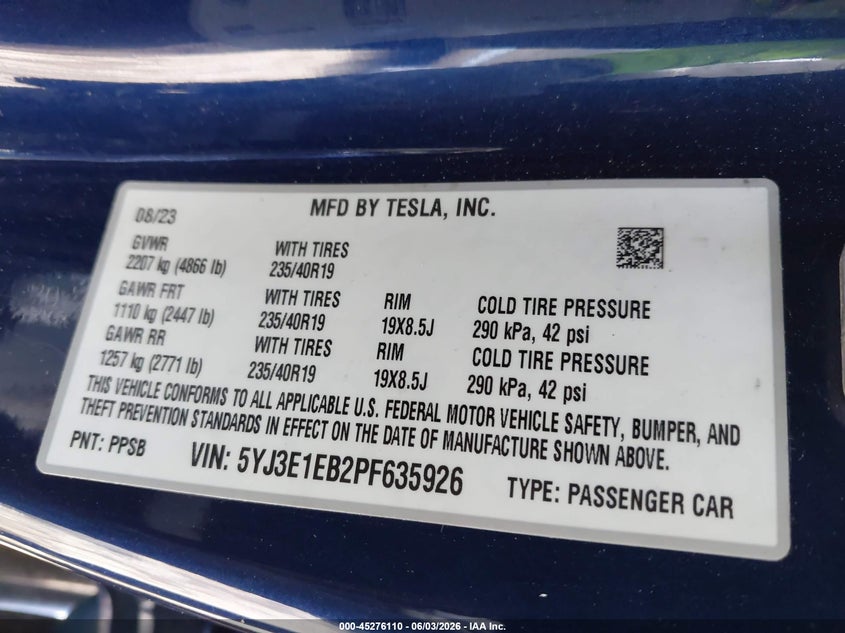2023 Tesla Model 3 VIN 5YJ3E1EB2PF635926 IAAI salvage auction — LEFT FRONT, Salvage Title, sold $8,600 on 2026-07-30 (photo 9)