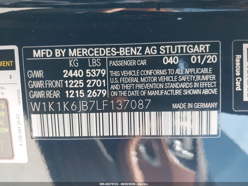 2020 Mercedes-benz E-klasse VIN W1K1K6JB7LF137087 IAAI salvage auction — FRONT END, Salvage Title, sold $25 on 2026-07-29 (photo 9)