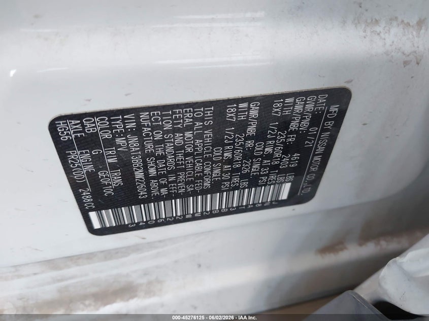 2021 Nissan Rogue VIN JN8AT3BB2MW226043 IAAI salvage auction — FRONT END, Salvage Title, sold $4,000 on 2026-07-21 (photo 9)