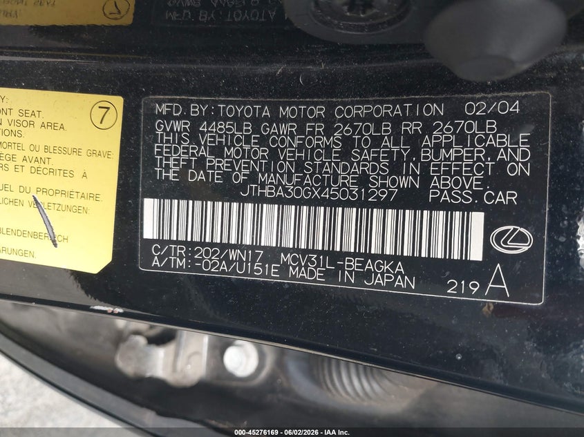 2004 Lexus Es 330 VIN JTHBA30GX45031297 IAAI salvage auction — FRONT END, Bill Of Sale (Connecticut), sold $450 on 2026-07-09 (photo 9)