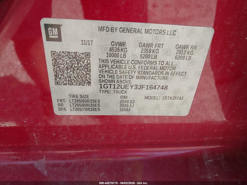 2018 Gmc SIERRA VIN 1GT12UEY3JF164748 IAAI salvage auction — FRONT END, Salvage Title, sold $6,100 on 2026-07-27 (photo 9)