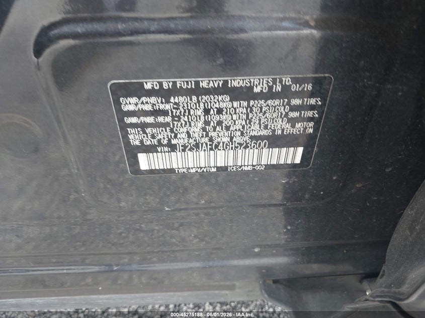 2016 Subaru Forester VIN JF2SJAFC4GH523600 IAAI salvage auction — LEFT SIDE, Salvage Title, sold $425 on 2026-07-30 (photo 9)