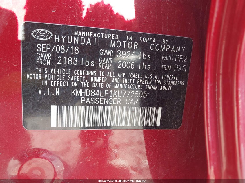 2019 Hyundai Elantra VIN KMHD84LF1KU772595 IAAI salvage auction — RIGHT FRONT, Salvage Title, sold $1,750 on 2026-07-15 (photo 9)