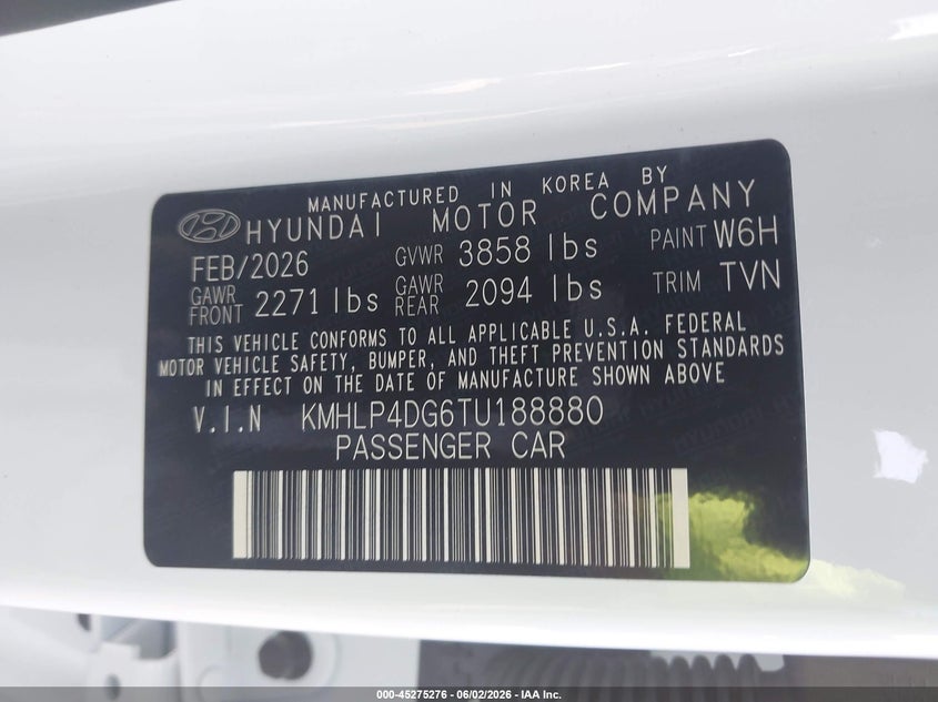 2026 Hyundai Elantra VIN KMHLP4DG6TU188880 IAAI salvage auction — FRONT END, Salvage Title, sold $5,900 on 2026-07-07 (photo 9)