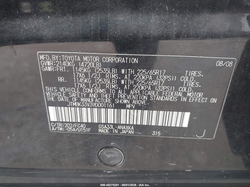 2009 Toyota Rav 4 VIN JTMBK33V39D001161 IAAI salvage auction — NORMAL WEAR, Clear (Florida), sold $750 on 2026-07-16 (photo 9)