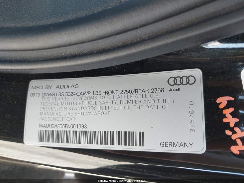 2014 Audi A6 VIN WAUHGAFC5EN051393 IAAI salvage auction — FRONT END, Salvage Title, sold $100 on 2026-07-27 (photo 9)