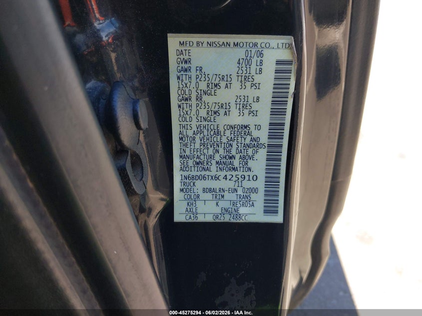 2006 Nissan Frontier VIN 1N6BD06TX6C425910 IAAI salvage auction — FRONT END, Salvage (Oregon), sold $1,250 on 2026-07-09 (photo 9)