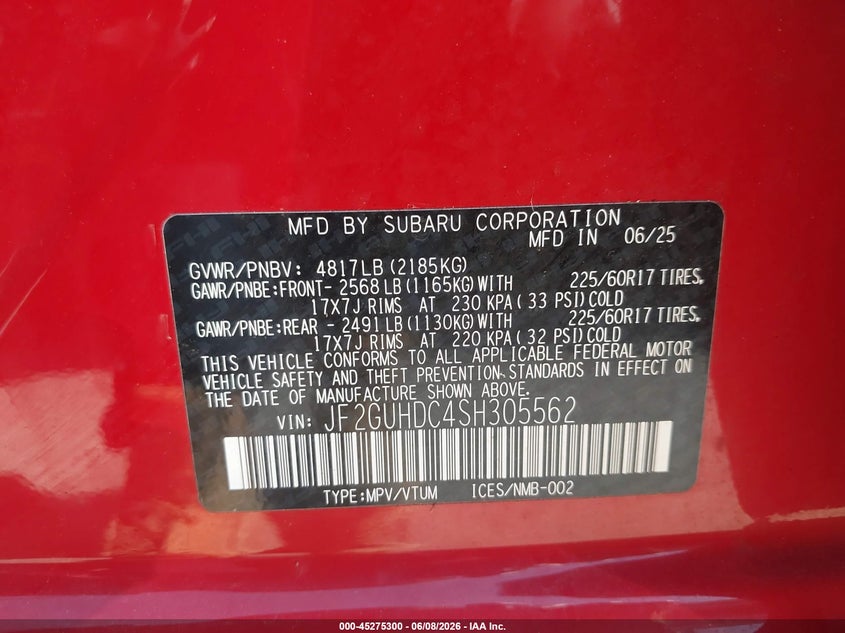 2025 Subaru Xv VIN JF2GUHDC4SH305562 IAAI salvage auction — RIGHT FRONT, Salvage Title, sold $6,000 on 2026-07-28 (photo 9)