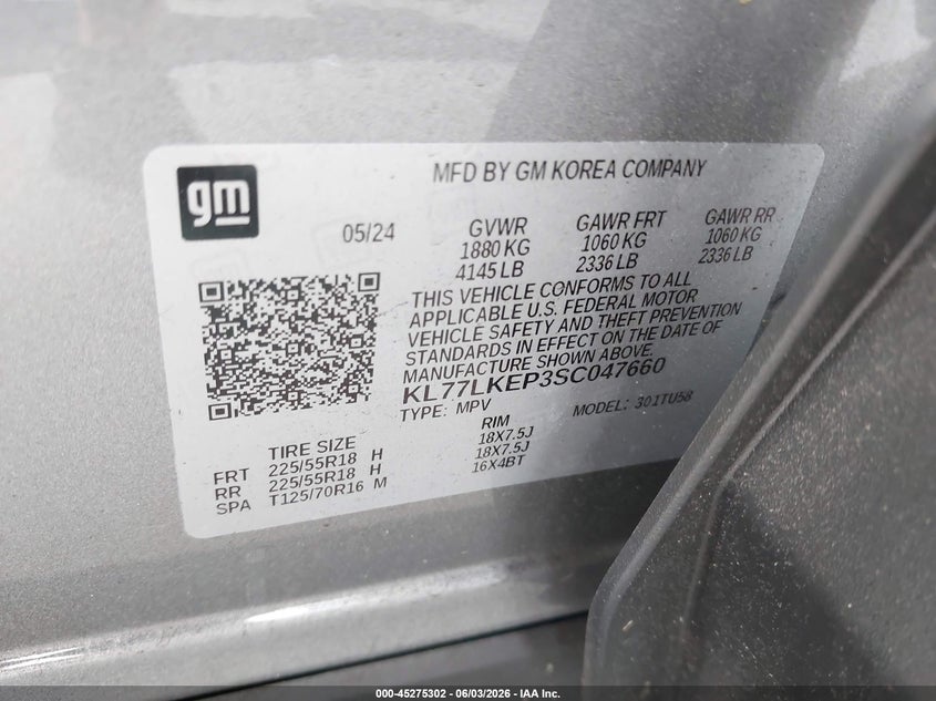 2025 Chevrolet Trax VIN KL77LKEP3SC047660 IAAI salvage auction — FRONT END, Salvage Title, sold $5,100 on 2026-07-24 (photo 9)