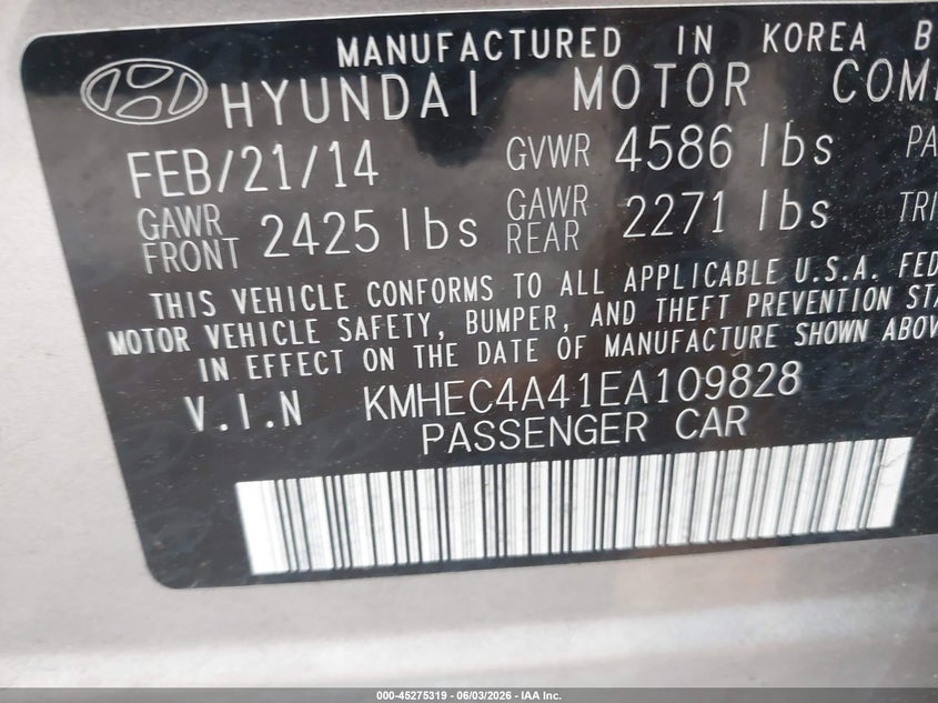 2014 Hyundai Sonata hybrid VIN KMHEC4A41EA109828 IAAI salvage auction — FRONT END, Original (Texas), sold $1,100 on 2026-07-09 (photo 9)