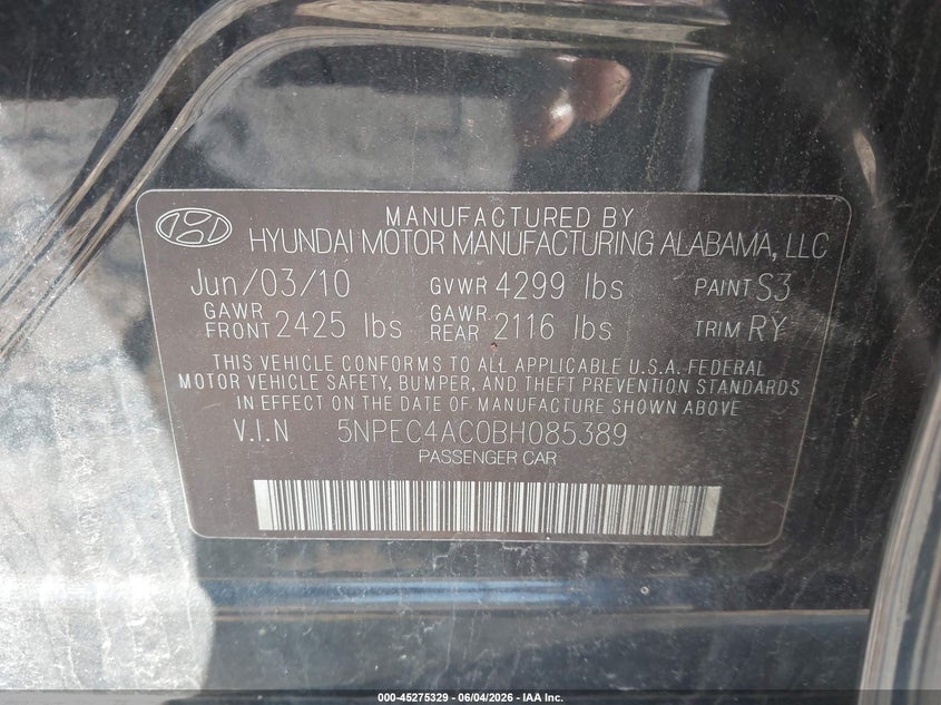 2011 Hyundai Sonata VIN 5NPEC4AC0BH085389 IAAI salvage auction — NORMAL WEAR, Clear (Pennsylvania), sold $550 on 2026-07-14 (photo 9)