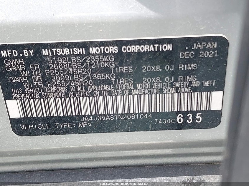 2022 Mitsubishi Outlander VIN JA4J3VA81NZ061044 IAAI salvage auction — STRIPPED, Clear (Texas), sold $5,900 on 2026-07-09 (photo 9)