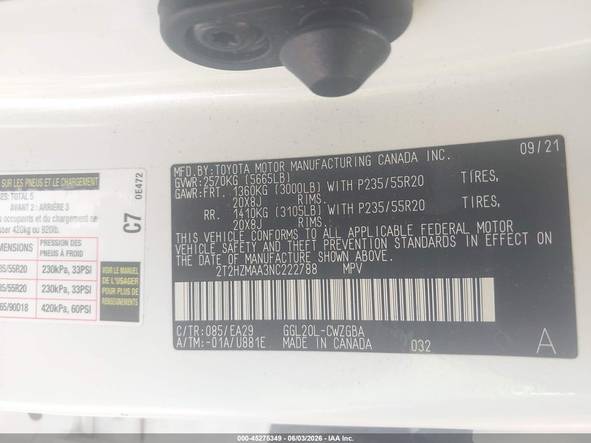2022 Lexus Rx VIN 2T2HZMAA3NC222788 IAAI salvage auction — LEFT SIDE, Salvage Title, sold $21,750 on 2026-07-29 (photo 9)