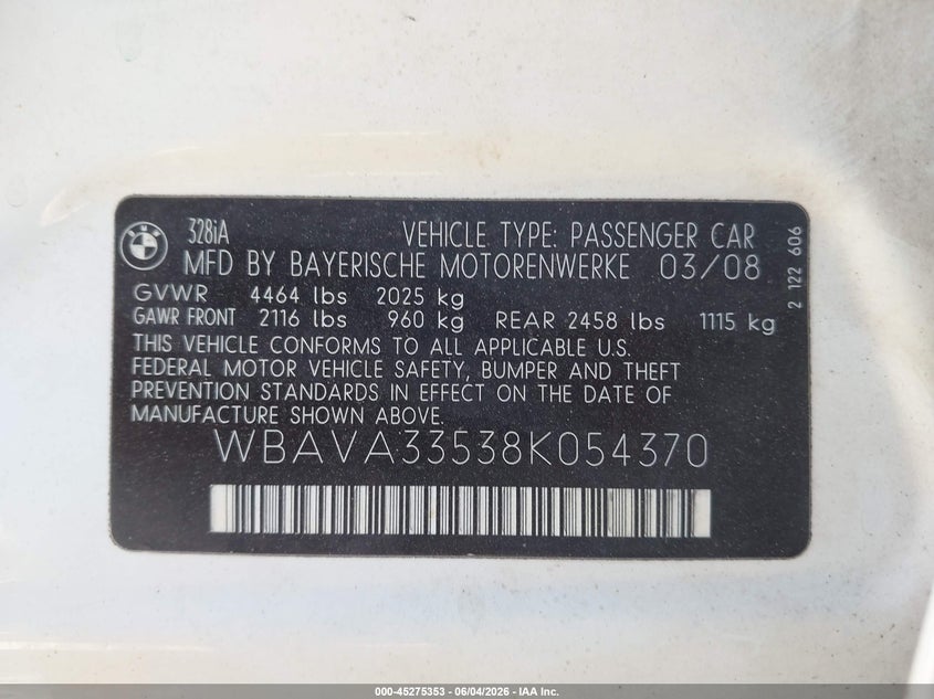 2008 BMW 3er VIN WBAVA33538K054370 IAAI salvage auction — FRONT END, Salvage (Iowa), sold $175 on 2026-07-22 (photo 9)