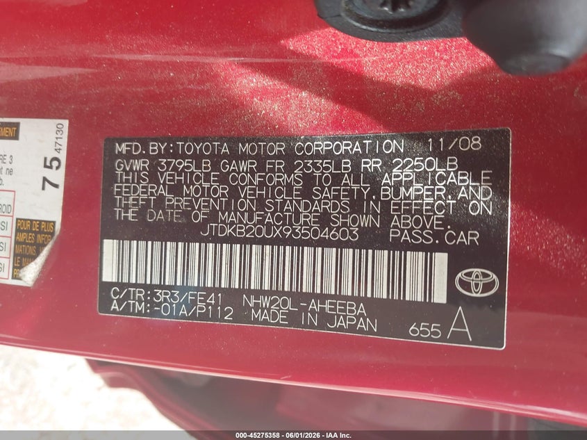 2009 Toyota Prius VIN JTDKB20UX93504603 IAAI salvage auction — NORMAL WEAR, Clear (Tennessee), sold $325 on 2026-07-16 (photo 9)