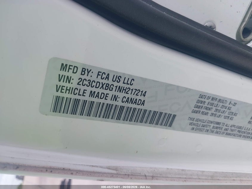 2022 Dodge Charger VIN 2C3CDXBG1NH217214 IAAI salvage auction — FRONT END, Salvage Title, sold $5,900 on 2026-07-30 (photo 9)