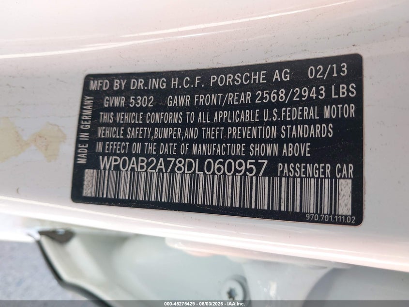 2013 Porsche Panamera VIN WP0AB2A78DL060957 IAAI salvage auction — ALL OVER, Salvage Title, sold $1,000 on 2026-07-09 (photo 9)