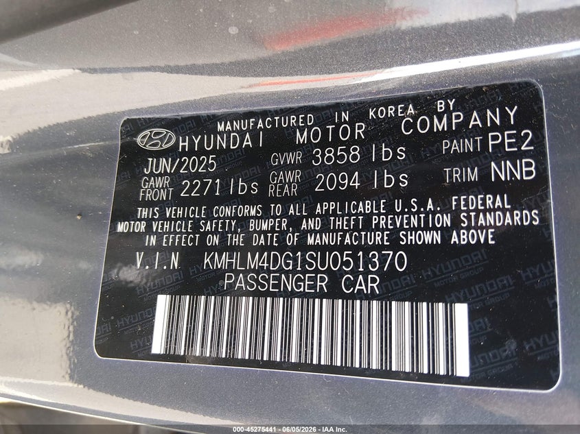 2025 Hyundai Elantra VIN KMHLM4DG1SU051370 IAAI salvage auction — FRONT END, Salvage Title, sold $4,800 on 2026-07-20 (photo 9)