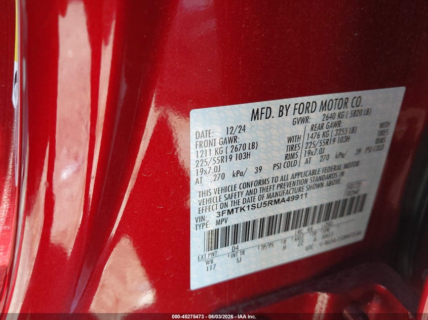 2024 Ford Mustang mach-e VIN 3FMTK1SU5RMA49911 IAAI salvage auction — FRONT END, Salvage Title, sold $11,700 on 2026-07-16 (photo 9)