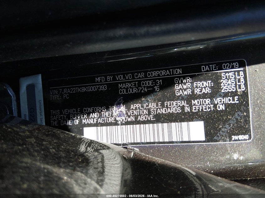2019 Volvo S60 VIN 7JRA22TK8KG007393 IAAI salvage auction — FRONT END, Salvage Title, sold $750 on 2026-07-27 (photo 9)