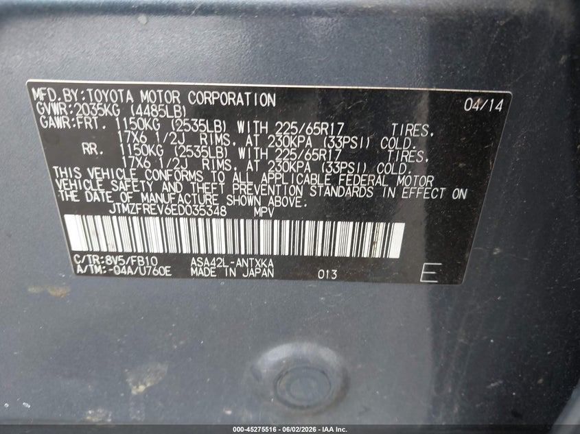 2014 Toyota Rav 4 VIN JTMZFREV6ED035348 IAAI salvage auction — FRONT & REAR, Salvage (North Carolina), sold $3,925 on 2026-07-30 (photo 9)